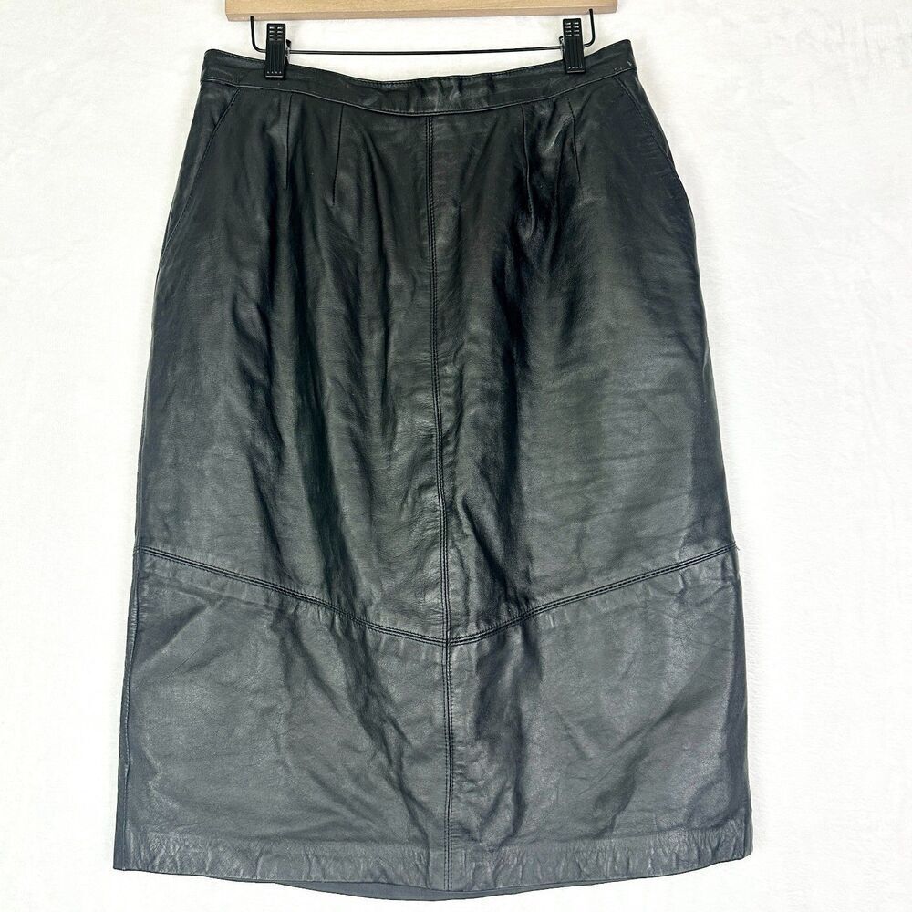 Vintage Pelle Cuir Leather Midi Pencil Skirt Size 8 Black Pockets Biker Grunge